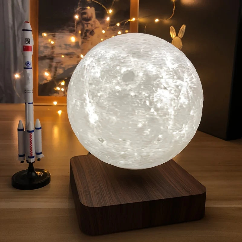 Levitating Moon Magnetic Floating Night Light, Creative Table 3D Printed LED Lamp with Wooden Base for Gift Office Bedroom Home