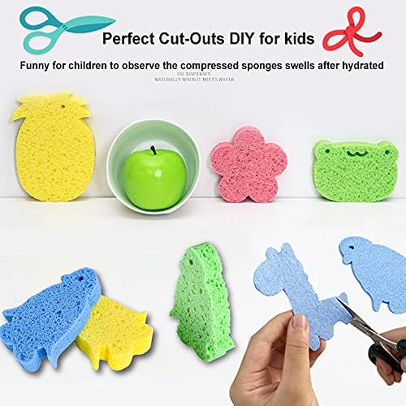 12-Count Kitchen Sponges- Compressed Cellulose Sponges Non-Scratch Natural Dish Sponge for Kitchen Bathroom Cars, Funny Cut-Outs DIY for Kids